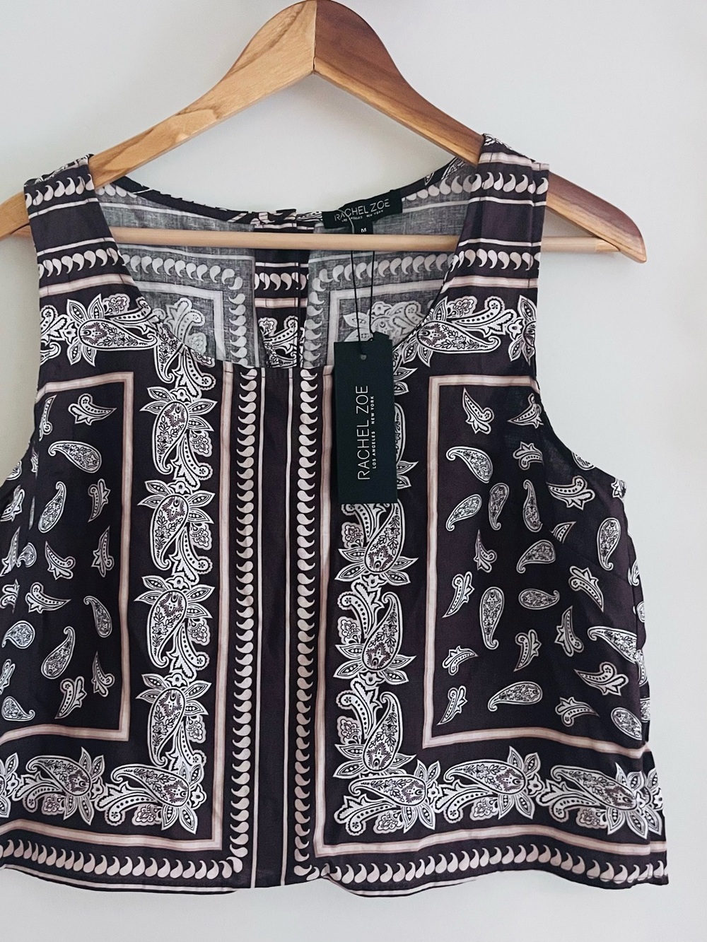 Rachel Zoe Cream and Brown Sleeveless Top MEDIUM Linen Rayon Back Buttons Boho